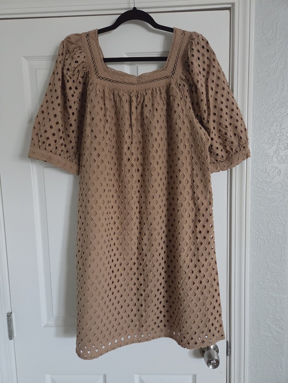 Gibson Latimer Taupe Eyelet Square-Neck Midi Dress